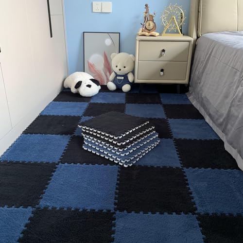 KJoBDwz Ineinandergreifender Teppich, 30 ineinandergreifende Schaumstofffliesen, quadratischer Florteppich, rutschfester Patchwork-Teppich, ineinandergreifende Teppich, Klettermatte (Marineblau + von KJoBDwz