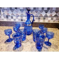 Vintage Hand Panted Kobaltglas Karaffe Und Trinkgläser von KJsHandmade