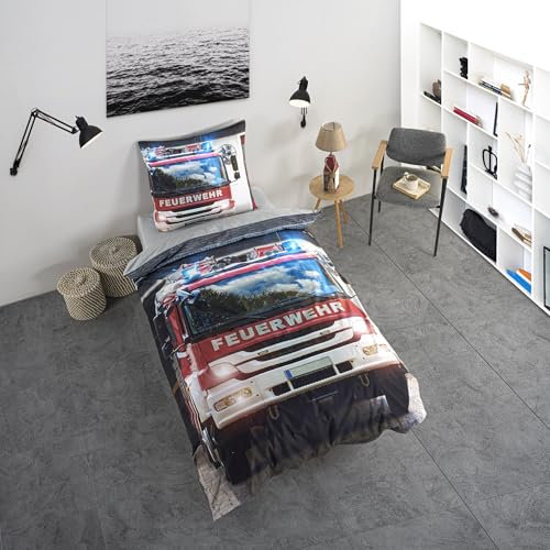 KK SHOPPING Versandhandel Klaus Kolodzie Feuerwehr Bettwäsche-Set, Bettbezug 135 x 200 cm, Kopfkissenbezug 80 x 80 cm, 100% Baumwolle/Renforcé, Bunt, mit Feuerwehrauto-Motiv von KK SHOPPING Versandhandel Klaus Kolodzie