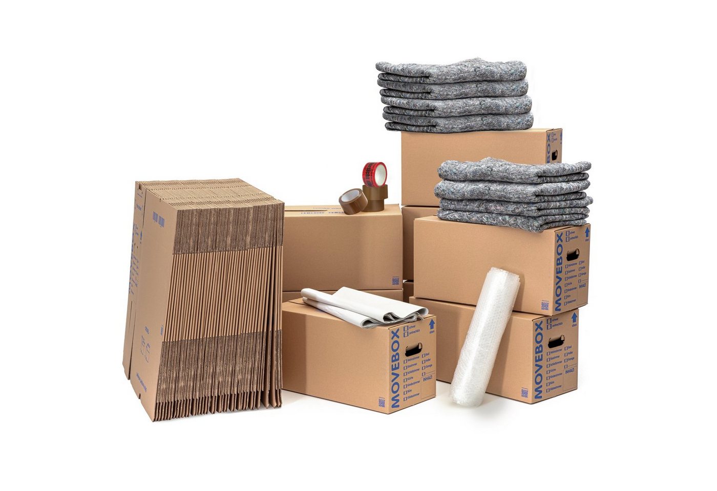 KK Verpackungen Aufbewahrungsbox (Komplett-Set, 125 Umzugskartons zweiwellig + 8 kg Packseide + 3 Rollen 0,5 x 5 m Luftpolsterfolie + 2 Rollen 1,0 x 5 m Luftpolsterfolie + 3 Rollen 50 x 66 lfm Klebeband Braun + 1 Rolle 50 x 66 lfm Klebeband Vorsicht Glas + 8 Umzugsdecken 130 x 200 cm) von KK Verpackungen