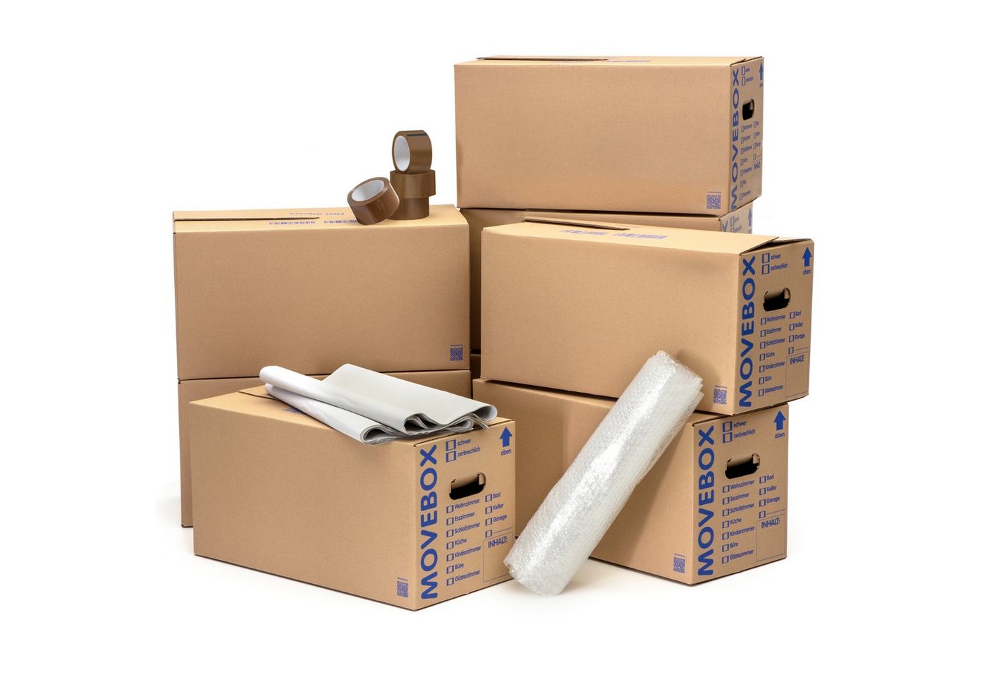 KK Verpackungen Aufbewahrungsbox (Komplett-Set, 25 Umzugskartons zweiwellig + 1 kg Packseide + 1 Rolle 0,5 x 5 m Luftpolsterfolie + 1 Rolle 50 x 66 lfm Klebeband Braun) von KK Verpackungen