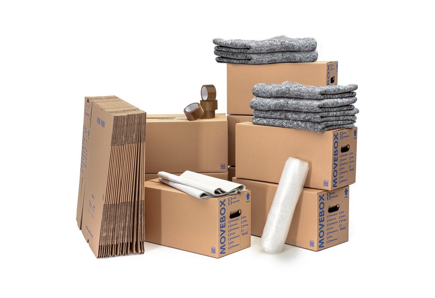 KK Verpackungen Aufbewahrungsbox (Komplett-Set, 75 Umzugskartons zweiwellig + 5 kg Packseide + 2 Rollen 0,5 x 5 m Luftpolsterfolie + 1 Rolle 1,0 x 5 m Luftpolsterfolie + 2 Rollen 50 x 66 lfm Klebeband Braun + 6 Umzugsdecken 130 x 200 cm) von KK Verpackungen