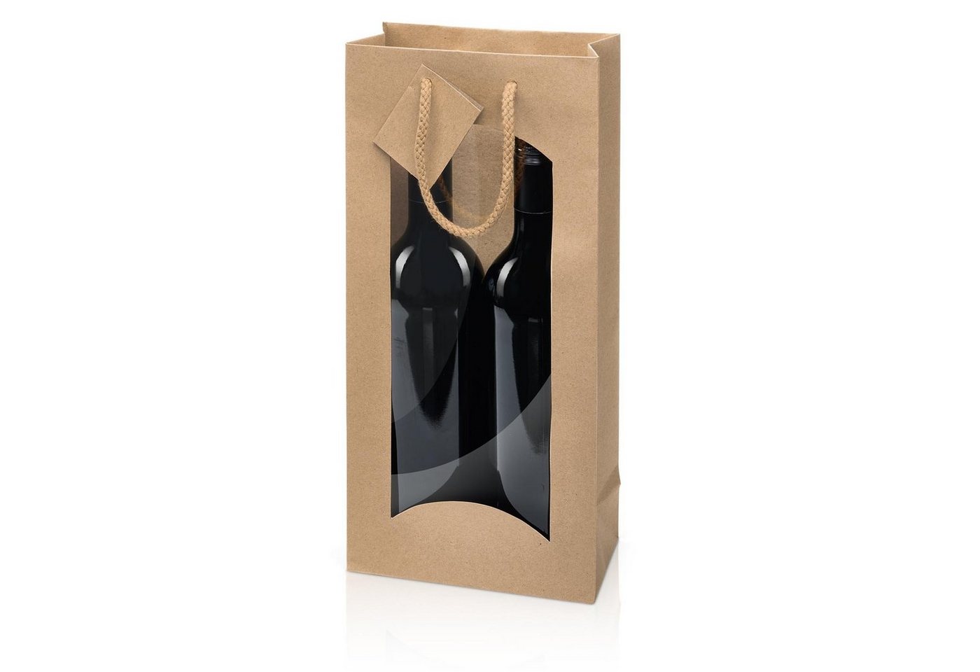 KK Verpackungen Geschenkbox (1000 St), 1000 x Tragetasche Geschenktüte für 2 Flaschen 170x85x360 mm Kraftpapier Fenster Natur von KK Verpackungen