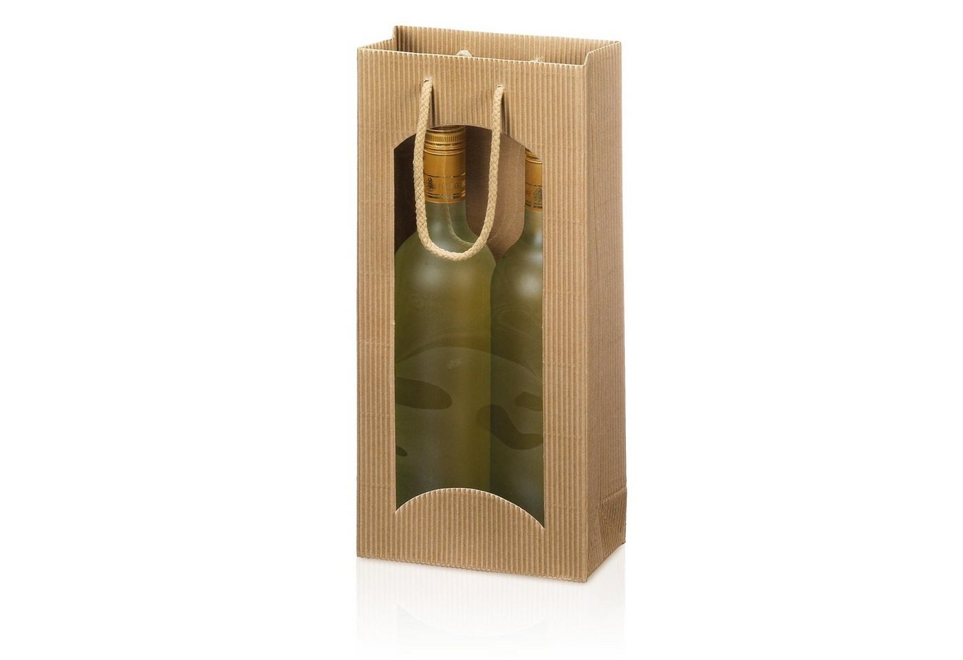 KK Verpackungen Geschenkbox (1000 St), 1000 x Tragetasche Geschenktüte für 2 Flaschen 170x85x360 mm offene Welle Fenster Natur von KK Verpackungen