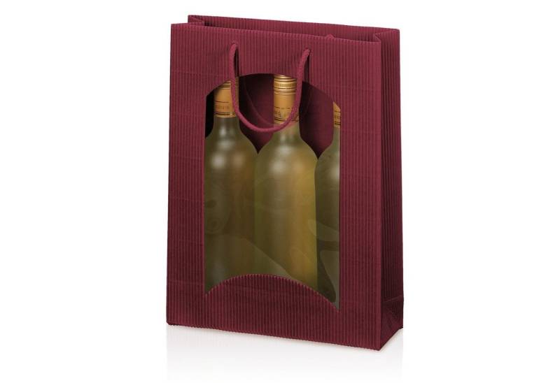 KK Verpackungen Geschenkbox (1000 St), 1000 x Tragetasche Geschenktüte für 3 Flaschen 250x85x360 mm offene Welle Fenster Bordeaux von KK Verpackungen