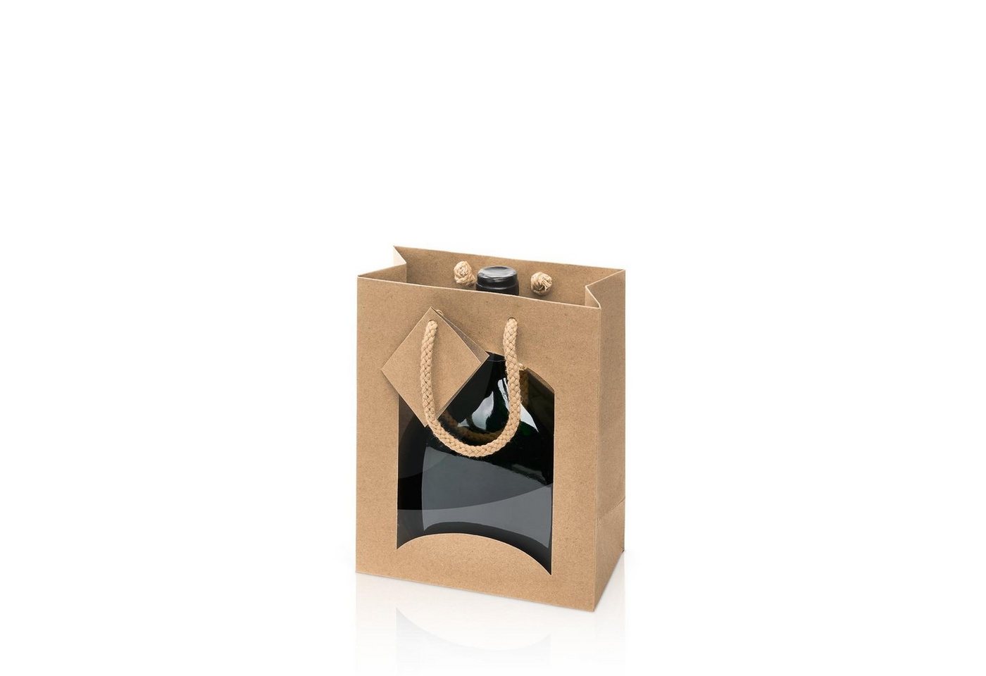 KK Verpackungen Geschenkbox (1000 St), 1000 x Tragetasche für 1 Flasche Bocksbeutel 170x85x200 mm Kraftpapier Fenster Natur von KK Verpackungen