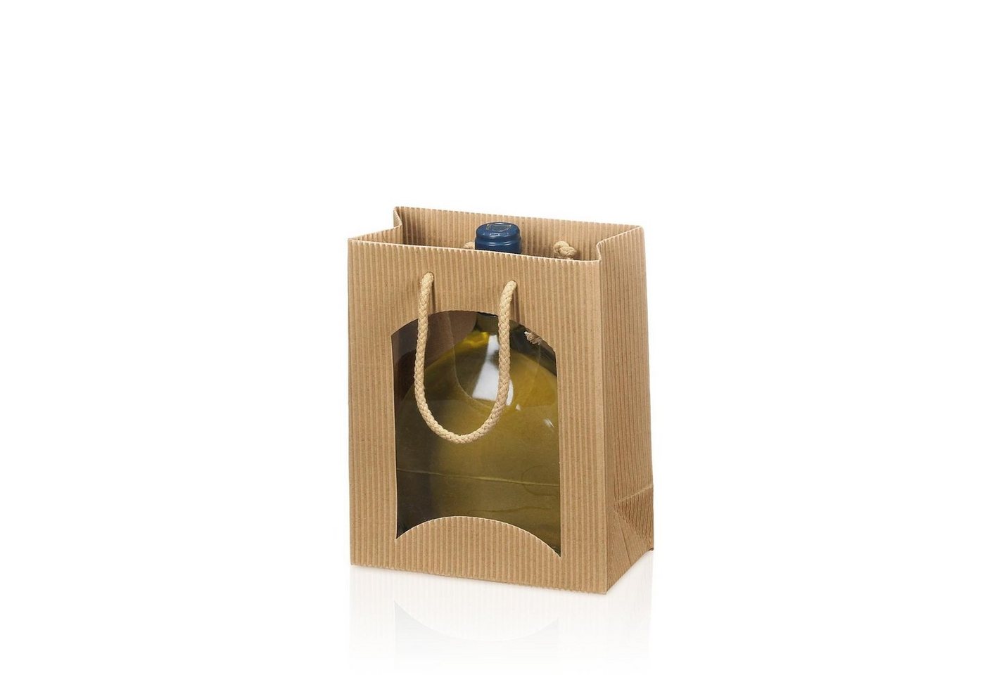 KK Verpackungen Geschenkbox (1000 St), 1000 x Tragetasche für 1 Flasche Bocksbeutel 170x85x200 mm offene Welle Fenster Natur von KK Verpackungen