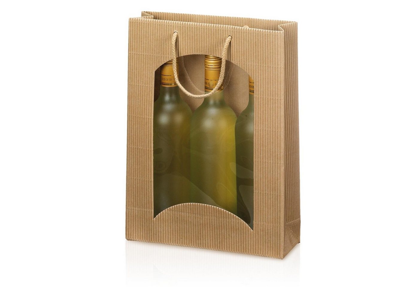 KK Verpackungen Geschenkbox (20 St), 20 x Tragetasche Geschenktüte für 3 Flaschen 250x85x360 mm offene Welle Fenster Natur von KK Verpackungen