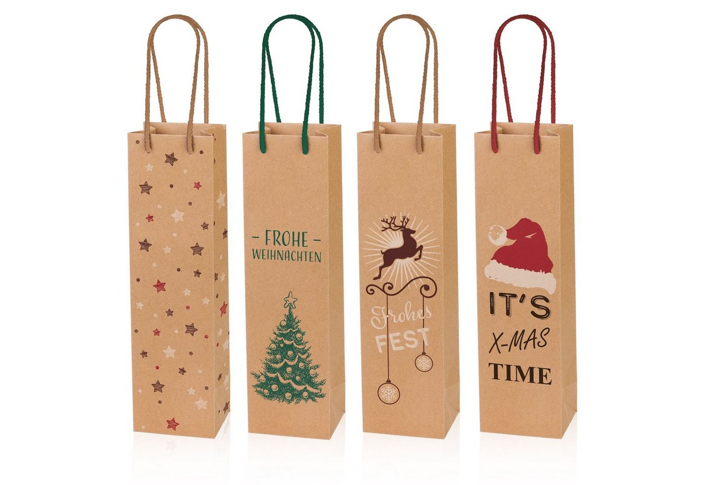 KK Verpackungen Geschenkbox (500 St), 500 x Tragetasche Sortiment für 1 Flasche 100x85x360 mm Kraftpapier Weihnachten Natur von KK Verpackungen