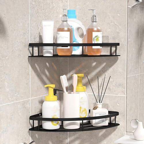 KKC Duschablage Ohne Bohren, 2 Stück Duschregal Badezimmer Organizer, Legierung Shampoo Halterung für Dusche, Badregal Shower Shelf Duschkorb, Fest Kleben Küche Badezimmerregal Wandregal Schwarz von KKC