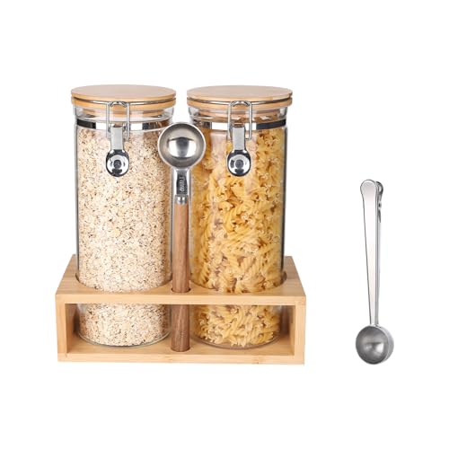 KKC Glas Vorratsdosen mit Deckel für Müsli - Kaffee Aufbewahrung Kaffeepulver Behälter mit Löffel - Glas Kaffeedose Luftdicht 500g mit Regal - 2er Set 1500ml BPA-frei & Spülmaschinengeeignet von KKC