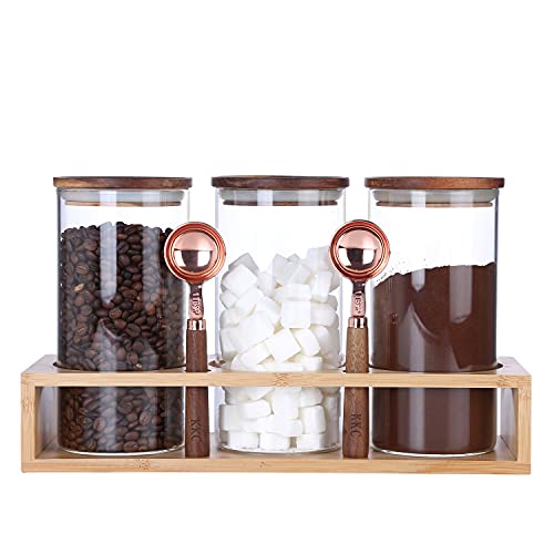 KKC glasbehälter mit holzdeckel, luftdicht vorratsgläser, küche borosilikatglas Kaffeedose für kaffeebohne zucker müsli tee aufbewahrung, aufbewahrungsgläser 1150ML 3 Stück haben Regal & Löffel von KKC