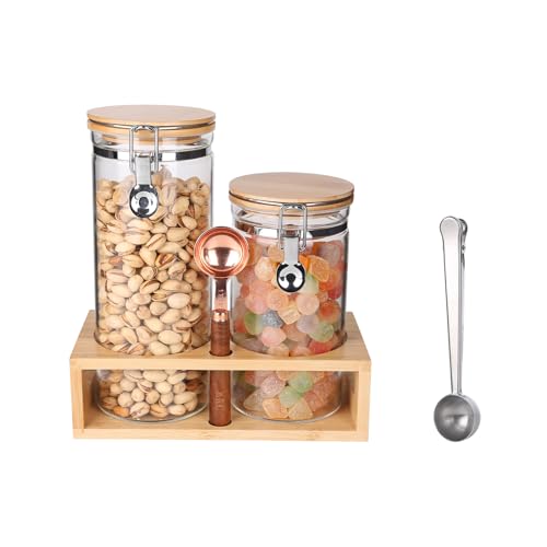 KKC Vorratsgläser mit Deckel Glas für Kaffeebohnen - Kaffeedose Luftdicht 500g mit Regal - Vorratsdosen Glas für Hafer/Müsli/Nudeln/Loser Tee/Reis/Nüsse/Mehl Aufbewahrung 2er Set 1200ml und 1500ml von KKC