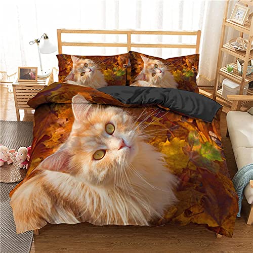 Bettwäsche 135x200 Katze Bettwäsche-Sets Schöne Tiere 3D Druck Bettbezug Herbstblätter Weiche Mikrofaser 3 Teilig Bettbezüge mit Reißverschluss und 2 Kissenbezug 80x80cm von KKGRXD