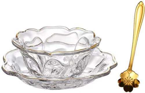 KKGUD Dessertschale aus Glas in Blumenform mit Untertasse und Löffel, 180 ml, Glasschale mit Goldrand von KKGUD