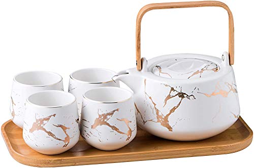 KKGUD Japanischer Stil Keramik Teeset, elegante Teekanne und 4 Teetassen mit Holztablett für Nachmittagstee, Heimdekoration, Restaurant, Teeparty – Marmor-Muster (weiß) von KKGUD