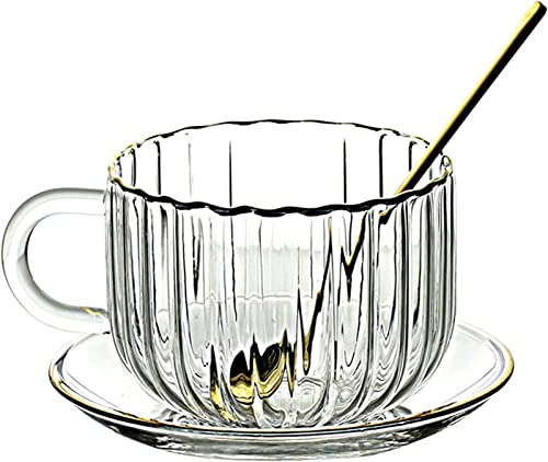 KKGUD Kaffeetasse aus Glas in Kürbisform mit Untertasse und Löffel, 420 ml, Teetasse aus Glas mit Goldrand von KKGUD