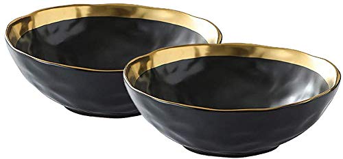 KKGUD Vintage Keramik Müslischalen für Suppe, Müsli, Reis, Salat, Nudeln, elegantes Design mit goldenen Kanten, Schwarz, 2 Stück (19,8 cm) von KKGUD