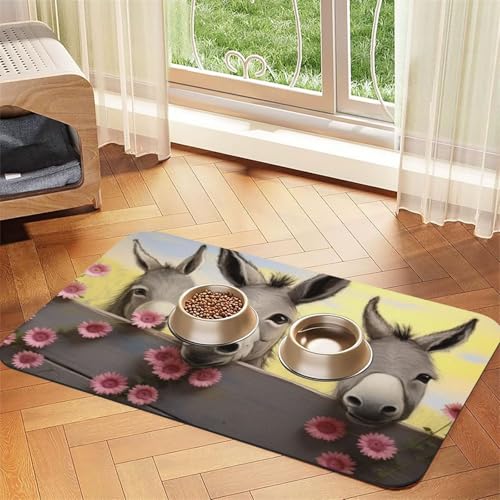 Esel und Blume Hundefuttermatten für Böden, rutschfest, super saugfähig, für Futter und Wasser, niedlich, Gummi, schnell trocknend, 40,6 x 61 cm, für Hunde, Welpen, Katzen von KKLWEGU