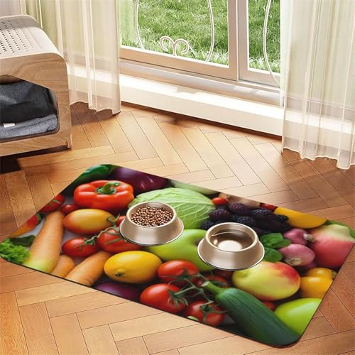 Frisches Obst und Gemüse, Hundefuttermatten für Böden, 40,6 x 61 cm, rutschfeste, super saugfähige Haustierfuttermatte, Geschirrspüler-Hundematte für Futter und Wasser, niedlich, Gummi, schnell von KKLWEGU