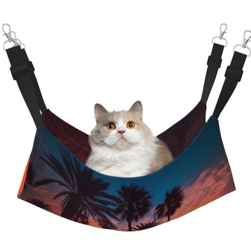 KKLWEGU Palm Tree Sonnenuntergang Katzenhängematte Sommer Atmungsaktiv Hängende Haustier Käfig Hängematte Bett Verstellbare Weiche Schlafhängematte für Katzen Kleine Hunde Kaninchen Medium von KKLWEGU