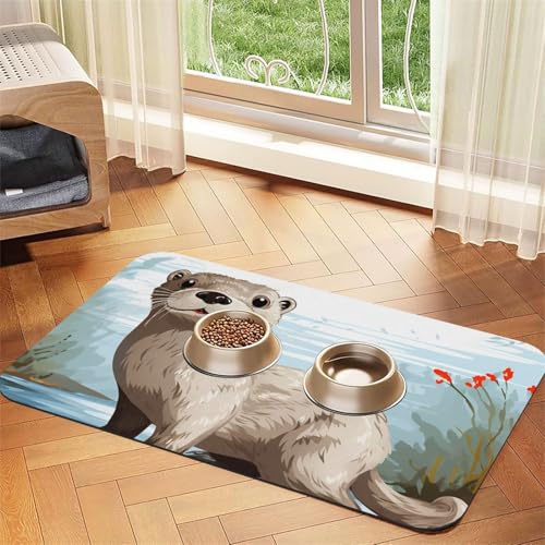 Otter Hundefuttermatten für Böden, rutschfeste, super saugfähige Haustierfuttermatte, Geschirrspüler-Hundematte für Futter und Wasser, niedlich, Gummi, schnell trocknend, Haustier-Futtermatte für von KKLWEGU