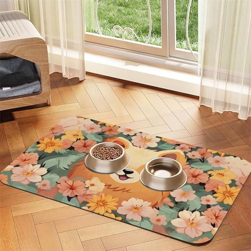 Pomeranians Hundefuttermatten mit Cartoon-Blumen, für Böden, 40,6 x 61 cm, rutschfeste, super saugfähige Haustierfuttermatte, Geschirrspüler-Hundematte für Futter und Wasser, niedlich, Gummi, schnell von KKLWEGU