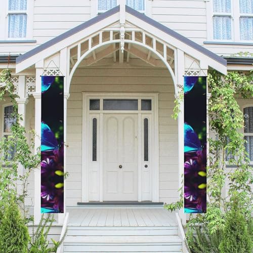 Veranda Banner Hängende Tür Banner, Willkommen Sommer Veranda Banner Happy Birthday Veranda Schild Foto Hintergrund Party Banner Blau Lila Blume Schmetterling Haustür Schilder für Urlaub Party Indoor von KKLWEGU