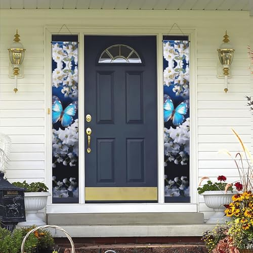 Veranda Banner Hängende Tür Banner, Willkommen Sommer Veranda Banner Happy Birthday Veranda Schild Foto Hintergrund Party Banner Blau Schmetterlinge Weiß Blumen Haustür Schilder für Urlaub Party von KKLWEGU