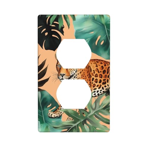 Wandplatten mit Leoparden- und Palmblatt-Muster, 1-Gang-Duplex-Lichtschalter-Abdeckplatte, elektrische Wandplatten, Steckdosenabdeckungen, dekorative Steckdosenabdeckungen für Heimdekoration von KKLWEGU