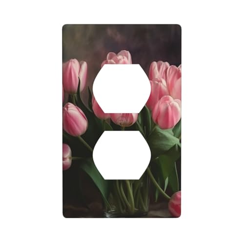 Wandplatten mit rosa Tulpen, 1-Gang-Duplex-Lichtschalter-Abdeckplatte, elektrische Wandplatten, Steckdosenabdeckungen, dekorative Steckdosenabdeckungen für Heimdekoration von KKLWEGU