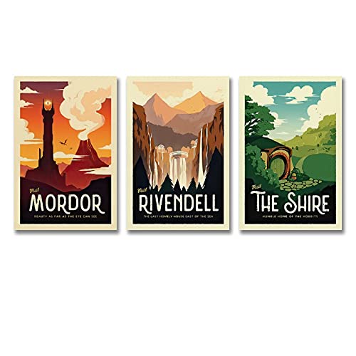 KKMM Herr der Ringe Retro-Reiseposter – Set mit 3 Stück – LOTR Vintage-Poster, dekoratives Gemälde, Leinwand, Wandkunst, Wohnzimmer, Poster, Schlafzimmer, Gemälde, 40 x 60 cm, 3 Stück von KKMM