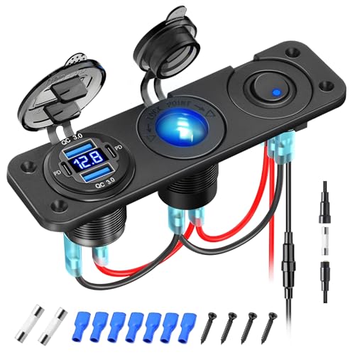 KKMOL 12 volt steckdose, 3 in 1 Marine Schalttafel Kombination mit 4 USB-Anschlüssen, Dual PD und Dual QC3.0 USB Ports Aluminium Autoladegerät, 150W Ladegerät Panel mit Power Switch LED Voltmeter von KKMOL