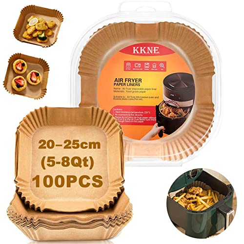 KKNE 100 Stück Luftfritteuse-Papier, quadratisch, 20 cm, 24 cm, Backpapier für Luftfritteuse, Airfryer-Papier, ohne Öl, kompatibel mit Cecotec, Cosori, Prinzessin, Ninja 5-8 L von KKNE