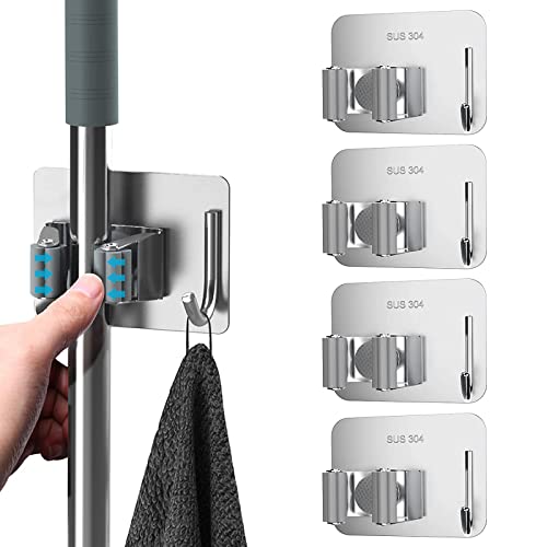 KKNE 4er Pack Broom Holder Wall Mount - Hooks für Hanging Stainless Steel Brooms Without Drilling, Mop Hanger with Hooks for Restaurant, Kitchen, Bathroom, Garage von KKNE