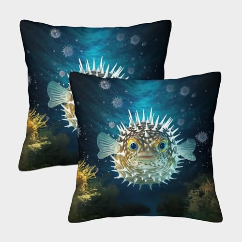 KKPBHTYVG Kugelfisch Kissenbezug 2er Set Kissenbezüge Wohnzimmer Kissenhülle Couchkissen Polyester Polster Textil Für Sofa Stuhl Bett Garten Zierkissen 40x40cm von KKPBHTYVG