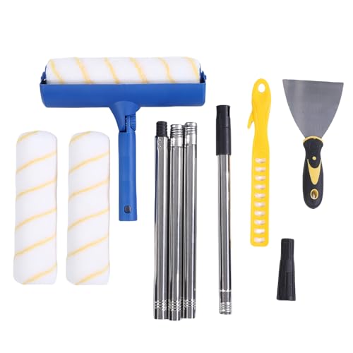 KKPLZZ Paint Roller Kit, 10 Zoll Spritzwasser-Farb Roller mit Edelstahl-Verlängerung Stangen und Bürsten Abdeckungen, für Decken Wände Möbel (Blau) von KKPLZZ