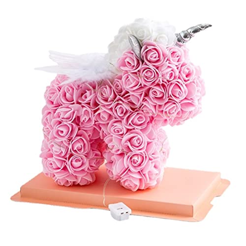 KKPLZZ Rosenblüten-Einhorn, Rosen-Einhorn mit LED-Streifenlicht und klarer Geschenkbox, künstliche Blumen Rosen PE-Blume Valentinstag Freundin von KKPLZZ
