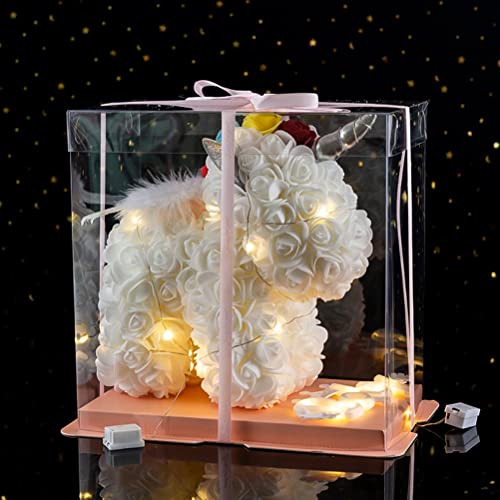 KKPLZZ Rosenblüten-Einhorn, Rosen-Einhorn mit LED-Streifenlicht und klarer Geschenkbox, künstliche Blumen Rosen PE-Blume Valentinstag Freundin von KKPLZZ