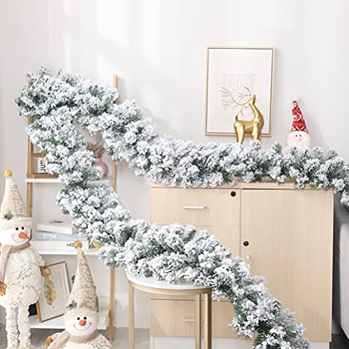 KKPLZZ Weihnachten Schneemattierte Girlanden, 2,7 m Weiß fallende Zeder Belvet Rattan Schneebeflockte künstliche Weihnachtsgirlandendekoration für Kamine und Weihnachtsbaum von KKPLZZ