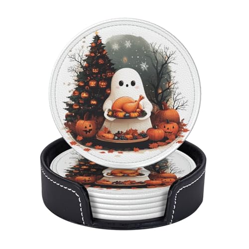 Halloween-Untersetzer für Weihnachten und Thanksgiving, mit Halter, Leder-Untersetzer, Set mit 6 niedlichen Thanksgiving-Getränkeuntersetzern für Wohnzimmer, Küche, Kaffee, Bar, Tisch von KKRMTUG