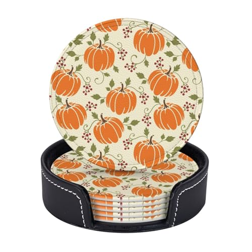Herbst-Kürbis-Untersetzer für Getränke mit Halter, Leder-Untersetzer, Set mit 6 niedlichen Thanksgiving-Getränkeuntersetzern für Wohnzimmer, Küche, Kaffee, Bar, Tisch von KKRMTUG
