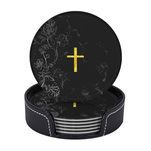 Osteruntersetzer für Getränke mit Halter, Leder-Untersetzer, 6 Stück, christliches Jesus-Kreuz, Getränkeuntersetzer-Sets für Wohnzimmer, Küche, Kaffee, Bar, Tischdekoration von KKRMTUG
