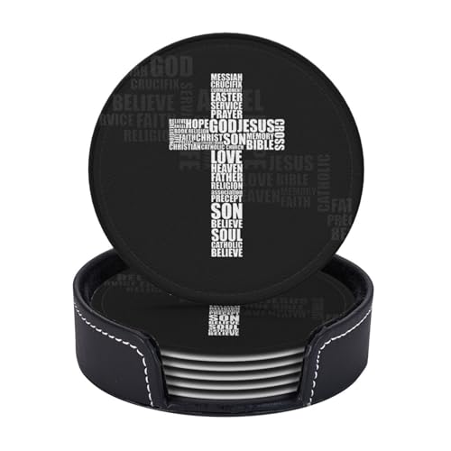 Osteruntersetzer für Getränke mit Halter, Leder-Untersetzer, 6 Stück, christliches Jesus-Kreuz, Getränkeuntersetzer-Sets für Wohnzimmer, Küche, Kaffee, Bar, Tischdekoration von KKRMTUG