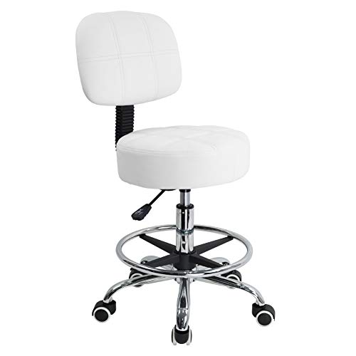 KKTONER Rollhocker Arbeitshocker mit Rückenlehne Höhenverstellbarer 53-68cm Salon Hocker PU Leder Weiß von KKTONER