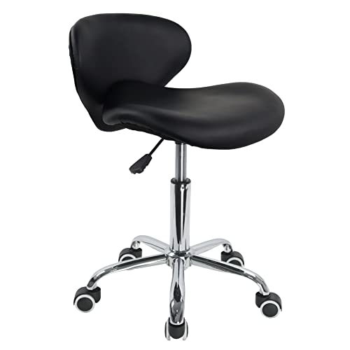 KKTONER Rollhocker mit Rückenlehne höhenverstellbar 48-63cm für Büro aus PU Leder Schwarz von KKTONER