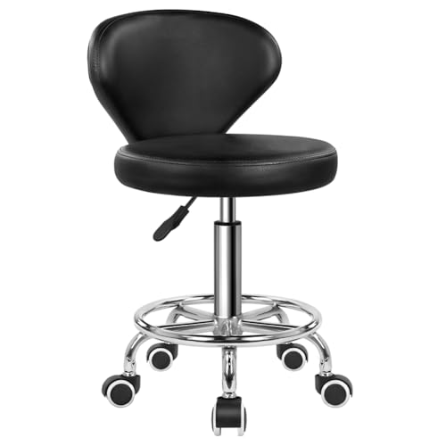 KKTONER PU Leather Low Back Rolling Stool with Footrest Height Adjustable Modern Work Swivel Task Drafting Chair with Wheels for Office SPA Home Salon (Black) von KKTONER