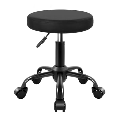 KKTONER Round Rolling Stool Height Adjustable Stool PU Leather Chair with Wheels Salon Spa Drafting stools Small (Black) von KKTONER