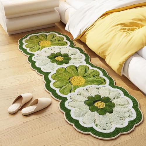 KKTONGXI Blumenteppich Badezimmerteppich mit Niedlichen Blumen unregelmäßiger weicher Bad Grüne Dekor Rutschfester Innenteppich Waschbare Bodenmatte 40 x 120 cm von KKTONGXI