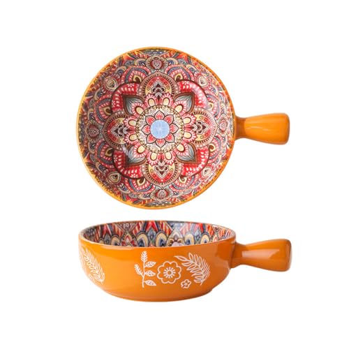 KKgud 1 Packung handbemalte Keramik-Servierschale mit Griff, runde Salatschüssel, 15,2 cm, Bohemian-Muster (Orange) von KKgud